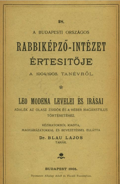 A Budapesti Orsz&aacute;gos Rabbik&eacute;pző-Int&eacute;zet &Eacute;rtes&iacute;tője az 1904-1905-iki tan&eacute;vről