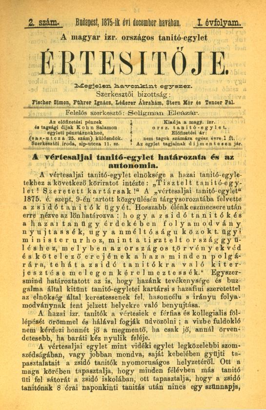A Magyar Izraelita Orsz&aacute;gos Tan&iacute;t&oacute;-Egylet &eacute;rtes&iacute;tője