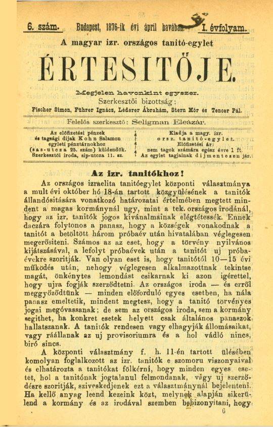 A Magyar Izraelita Orsz&aacute;gos Tan&iacute;t&oacute;-Egylet &eacute;rtes&iacute;tője