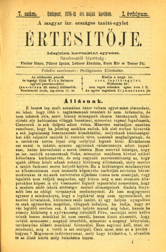 A Magyar Izraelita Orsz&aacute;gos Tan&iacute;t&oacute;-Egylet &eacute;rtes&iacute;tője
