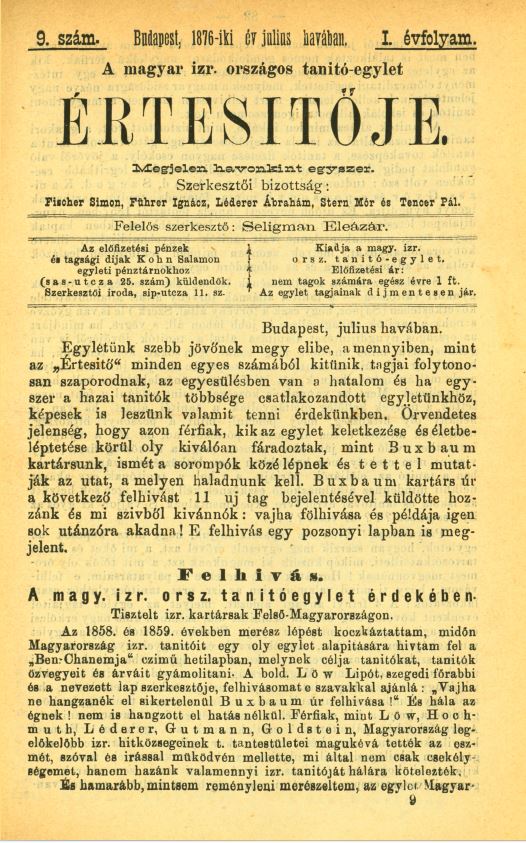 A Magyar Izraelita Orsz&aacute;gos Tan&iacute;t&oacute;-Egylet &eacute;rtes&iacute;tője