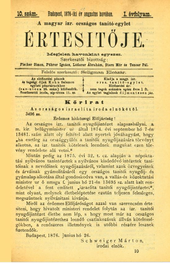 A Magyar Izraelita Orsz&aacute;gos Tan&iacute;t&oacute;-Egylet &eacute;rtes&iacute;tője