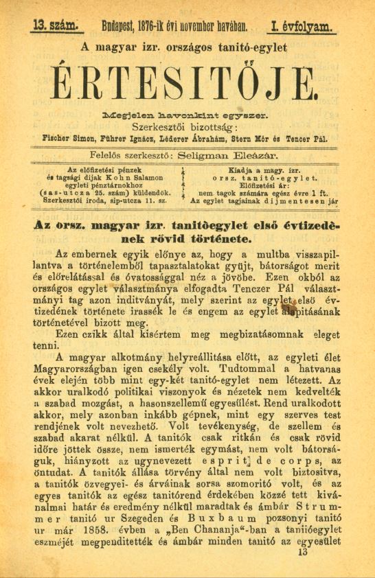 A Magyar Izraelita Orsz&aacute;gos Tan&iacute;t&oacute;-Egylet &eacute;rtes&iacute;tője