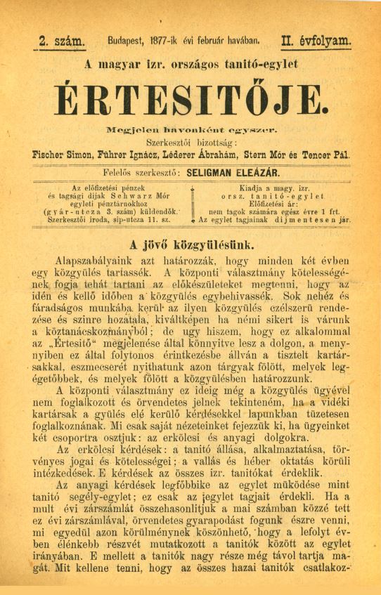 A Magyar Izraelita Orsz&aacute;gos Tan&iacute;t&oacute;-Egylet &eacute;rtes&iacute;tője