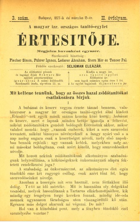 A Magyar Izraelita Orsz&aacute;gos Tan&iacute;t&oacute;-Egylet &eacute;rtes&iacute;tője