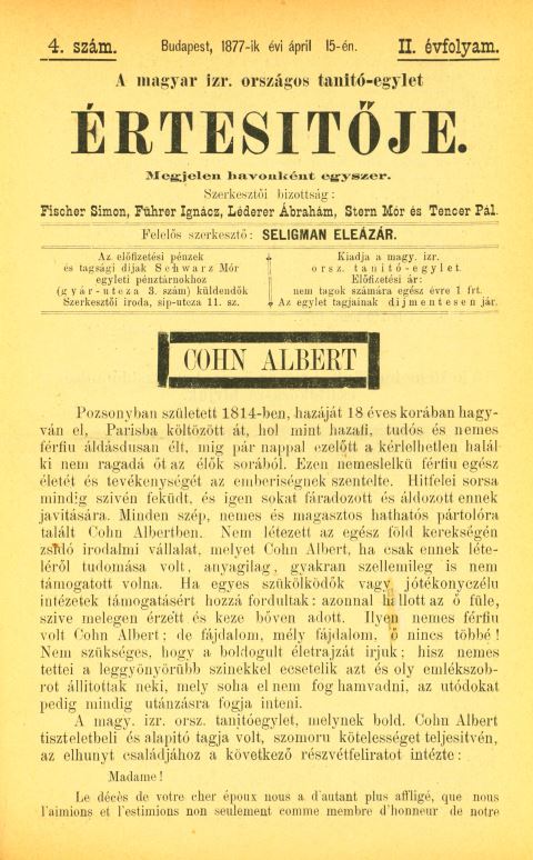 A Magyar Izraelita Orsz&aacute;gos Tan&iacute;t&oacute;-Egylet &eacute;rtes&iacute;tője