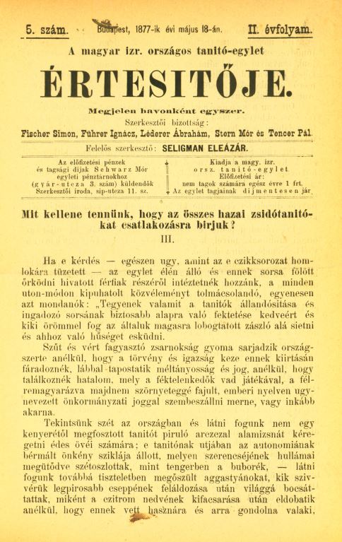 A Magyar Izraelita Orsz&aacute;gos Tan&iacute;t&oacute;-Egylet &eacute;rtes&iacute;tője