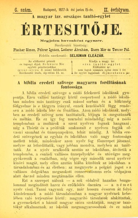 A Magyar Izraelita Orsz&aacute;gos Tan&iacute;t&oacute;-Egylet &eacute;rtes&iacute;tője