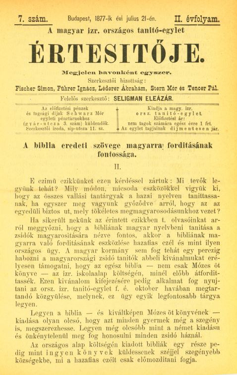 A Magyar Izraelita Orsz&aacute;gos Tan&iacute;t&oacute;-Egylet &eacute;rtes&iacute;tője