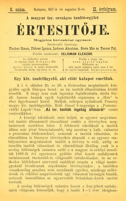 A Magyar Izraelita Orsz&aacute;gos Tan&iacute;t&oacute;-Egylet &eacute;rtes&iacute;tője
