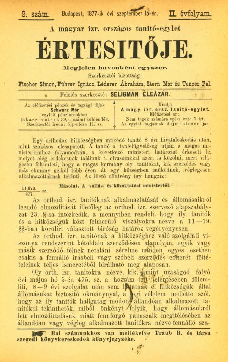 A Magyar Izraelita Orsz&aacute;gos Tan&iacute;t&oacute;-Egylet &eacute;rtes&iacute;tője