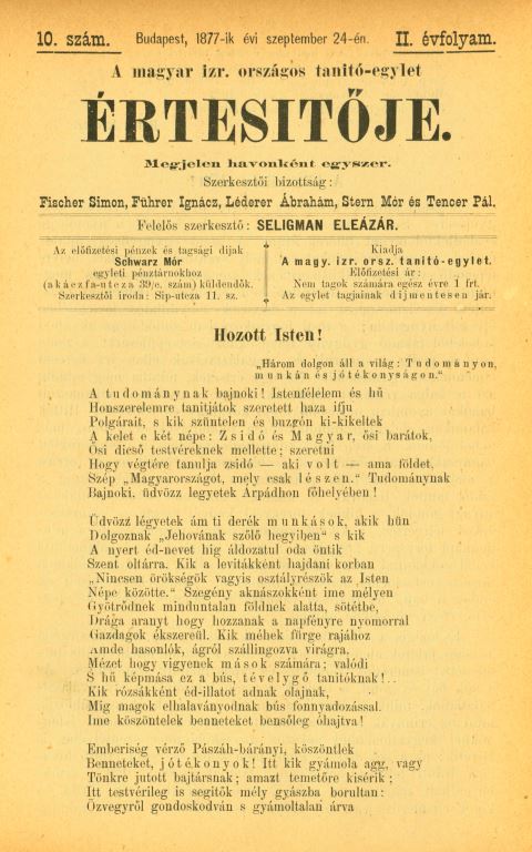 A Magyar Izraelita Orsz&aacute;gos Tan&iacute;t&oacute;-Egylet &eacute;rtes&iacute;tője