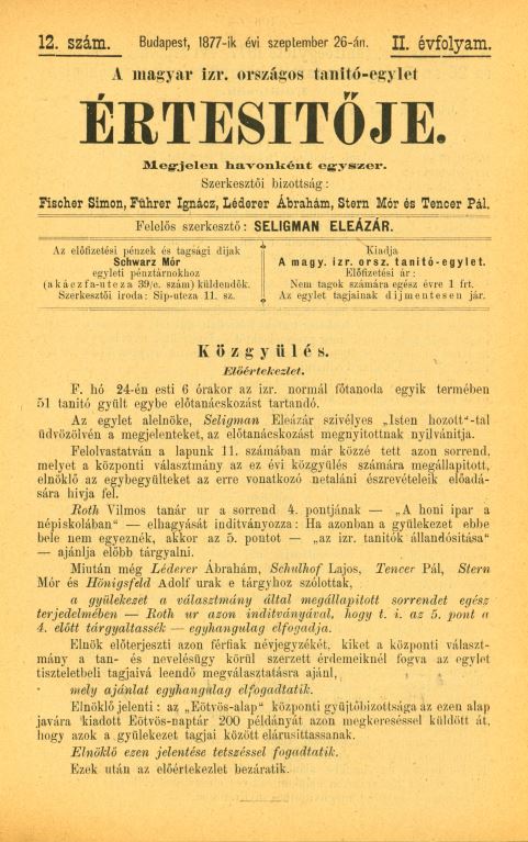 A Magyar Izraelita Orsz&aacute;gos Tan&iacute;t&oacute;-Egylet &eacute;rtes&iacute;tője