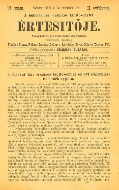 A Magyar Izraelita Orsz&aacute;gos Tan&iacute;t&oacute;-Egylet &eacute;rtes&iacute;tője