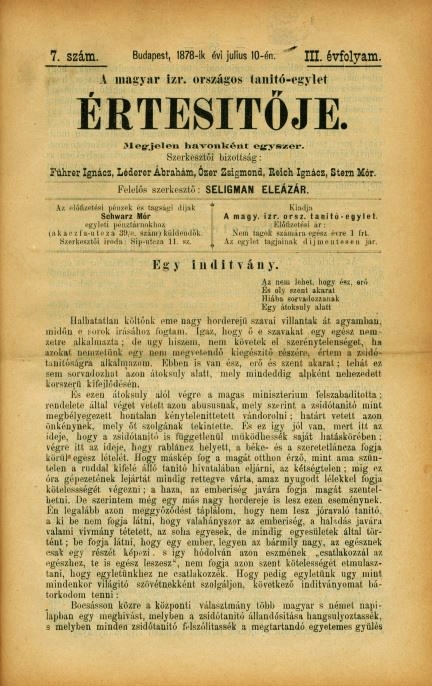 A Magyar Izraelita Országos Tanító-Egylet értesítője A Magyar Izraelita Országos Tanító-Egylet értesítője