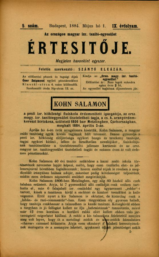 A Magyar Izraelita Orsz&aacute;gos Tan&iacute;t&oacute;-Egylet &eacute;rtes&iacute;tője