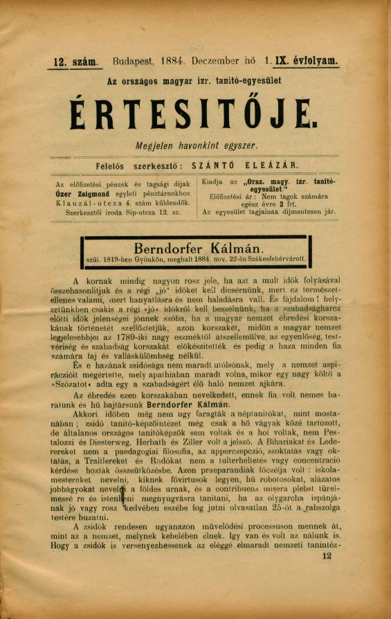 A Magyar Izraelita Orsz&aacute;gos Tan&iacute;t&oacute;-Egylet &eacute;rtes&iacute;tője