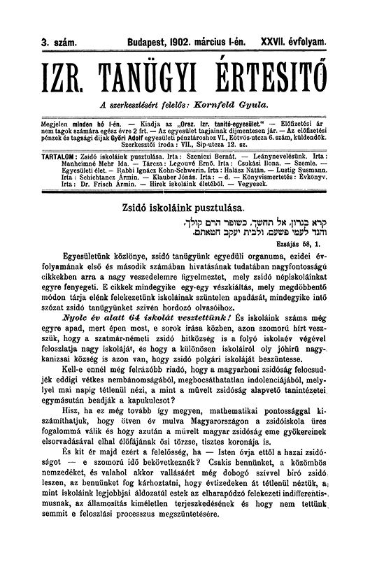Izraelita Tanügyi Értesítő Izraelita Tanügyi Értesítő