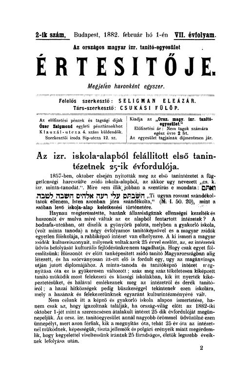 A Magyar Izraelita Orsz&aacute;gos Tan&iacute;t&oacute;-Egylet &eacute;rtes&iacute;tője