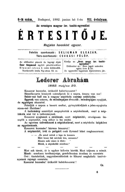 A Magyar Izraelita Orsz&aacute;gos Tan&iacute;t&oacute;-Egylet &eacute;rtes&iacute;tője