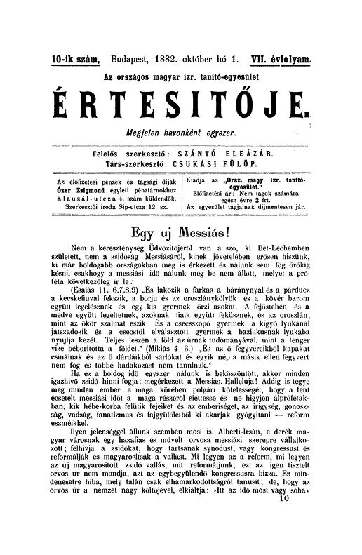 A Magyar Izraelita Orsz&aacute;gos Tan&iacute;t&oacute;-Egylet &eacute;rtes&iacute;tője