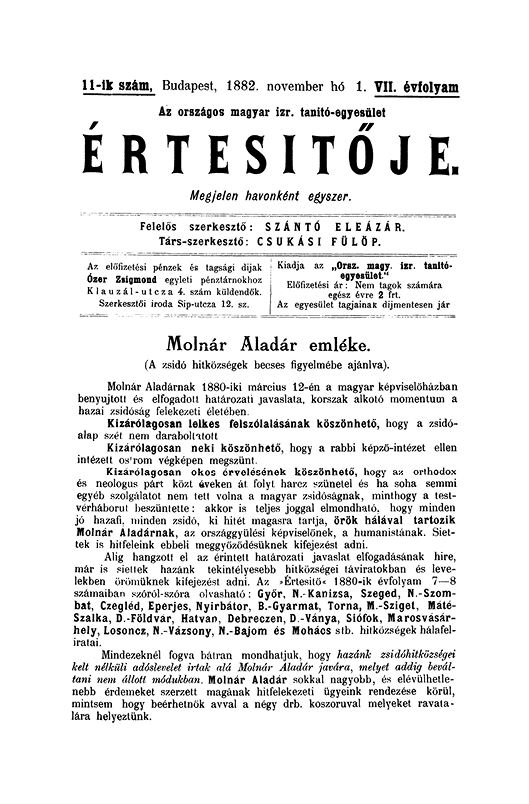 A Magyar Izraelita Orsz&aacute;gos Tan&iacute;t&oacute;-Egylet &eacute;rtes&iacute;tője