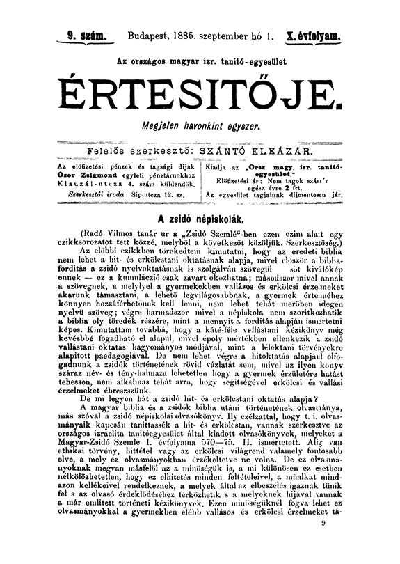 A Magyar Izraelita Orsz&aacute;gos Tan&iacute;t&oacute;-Egylet &eacute;rtes&iacute;tője