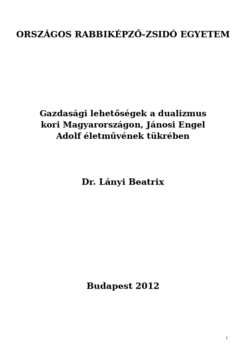 Gazdas&aacute;gi lehetős&eacute;gek a dualizmus kori Magyarorsz&aacute;gon, J&aacute;nosi Engel Adolf &eacute;letműv&eacute;nek t&uuml;kr&eacute;ben